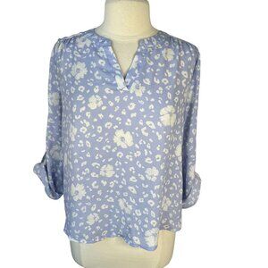 Everly Blouse Shirt Womens Medium Purple White Floral Rolled 1/4 Sleeves